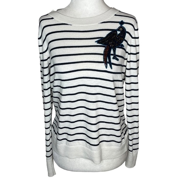 Ann Taylor Loft Peacocks wool blend Crew New Sweater Black & white strip Medium - Picture 1 of 11